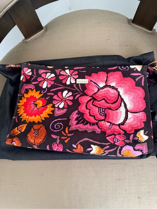 Pineda Covalin Handbags - Pineda Covalin Embroidered Floral Cosmetic Bag. Bold Pink & Orange Blooms